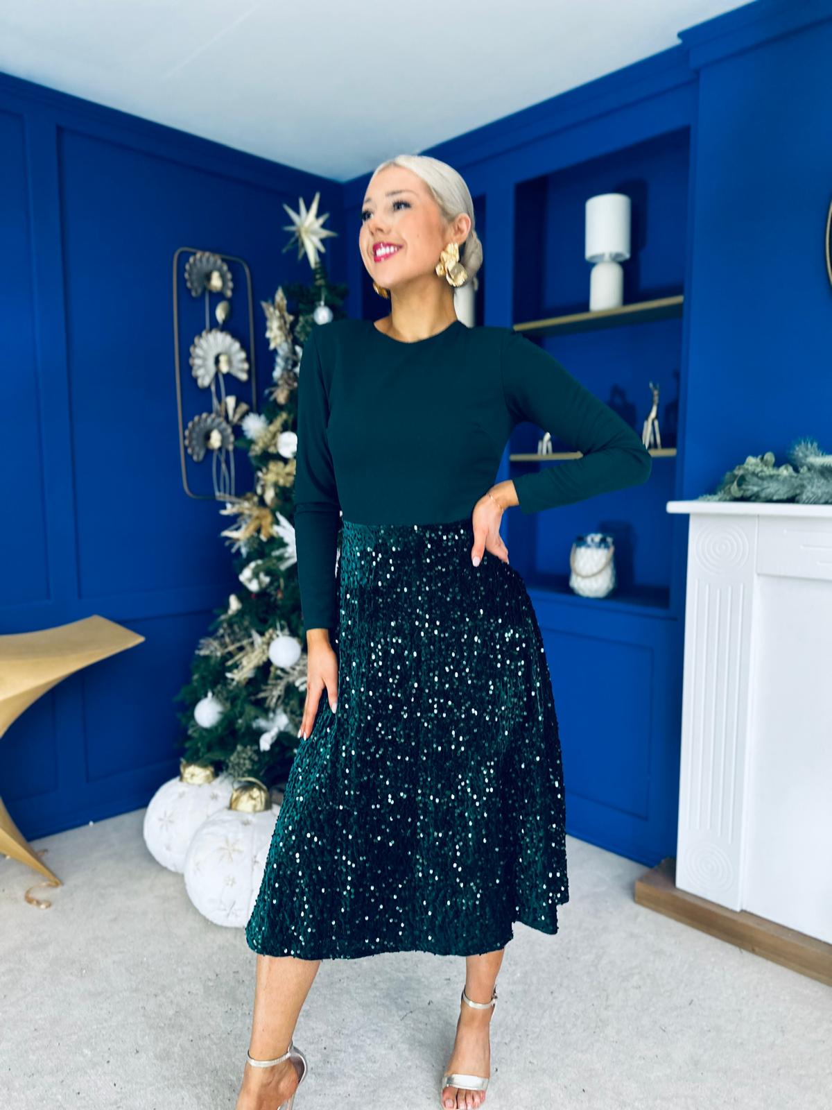 Reese Sequin Skirt Occasion Dress Forest