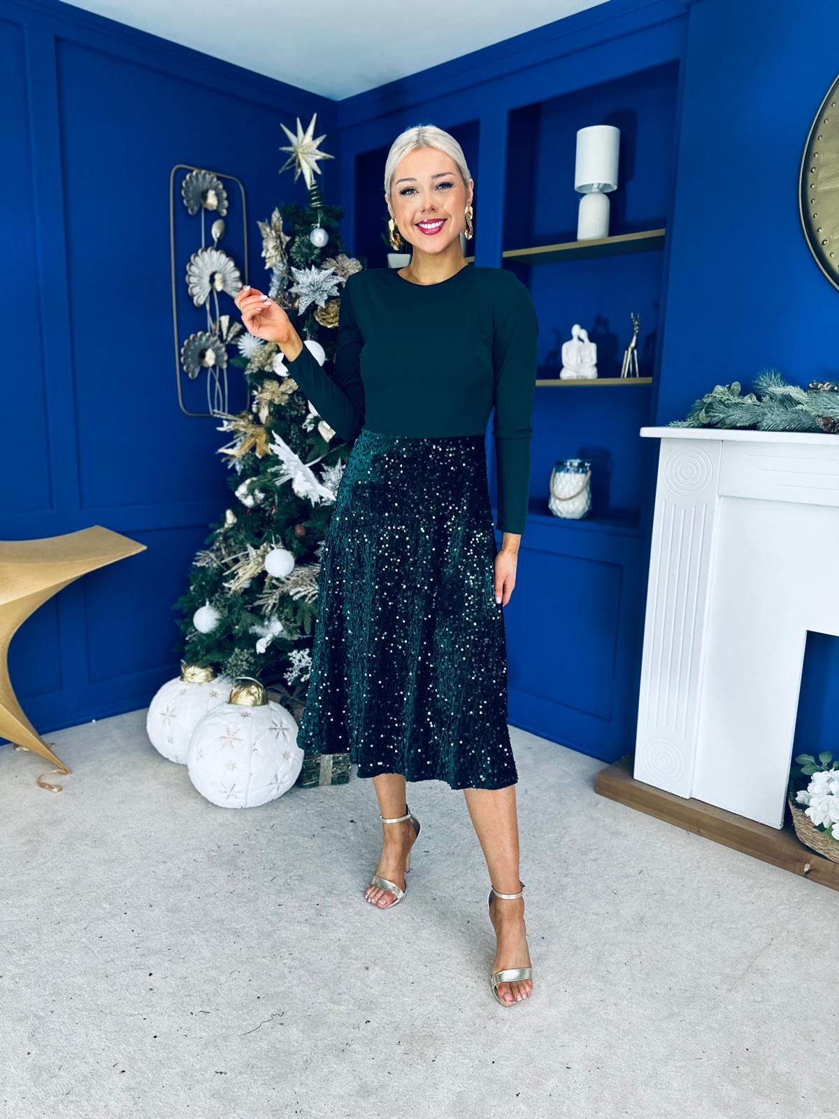 Reese Sequin Skirt Occasion Dress Forest