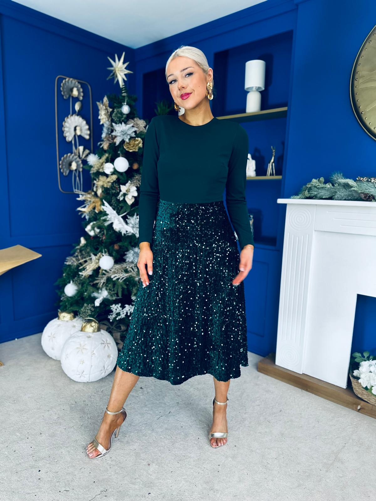 Reese Sequin Skirt Occasion Dress Forest