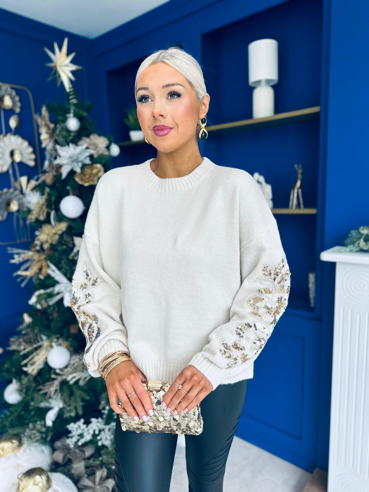 Serena Sequin Detailed Jumper Cream