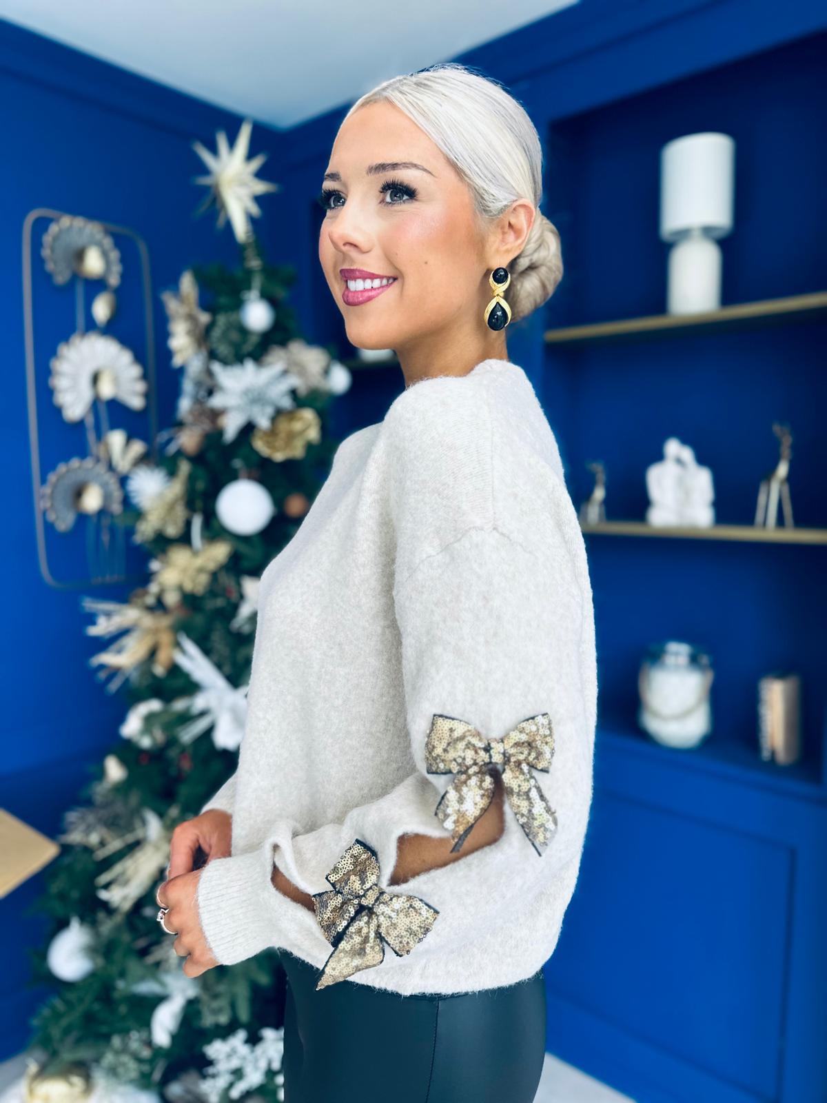 Gina Sequin Bow Jumper Cream