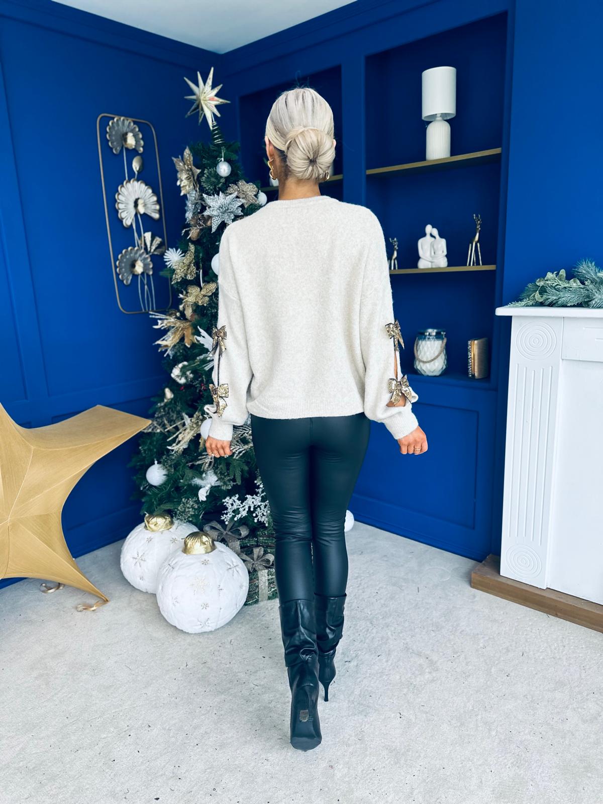 Gina Sequin Bow Jumper Cream