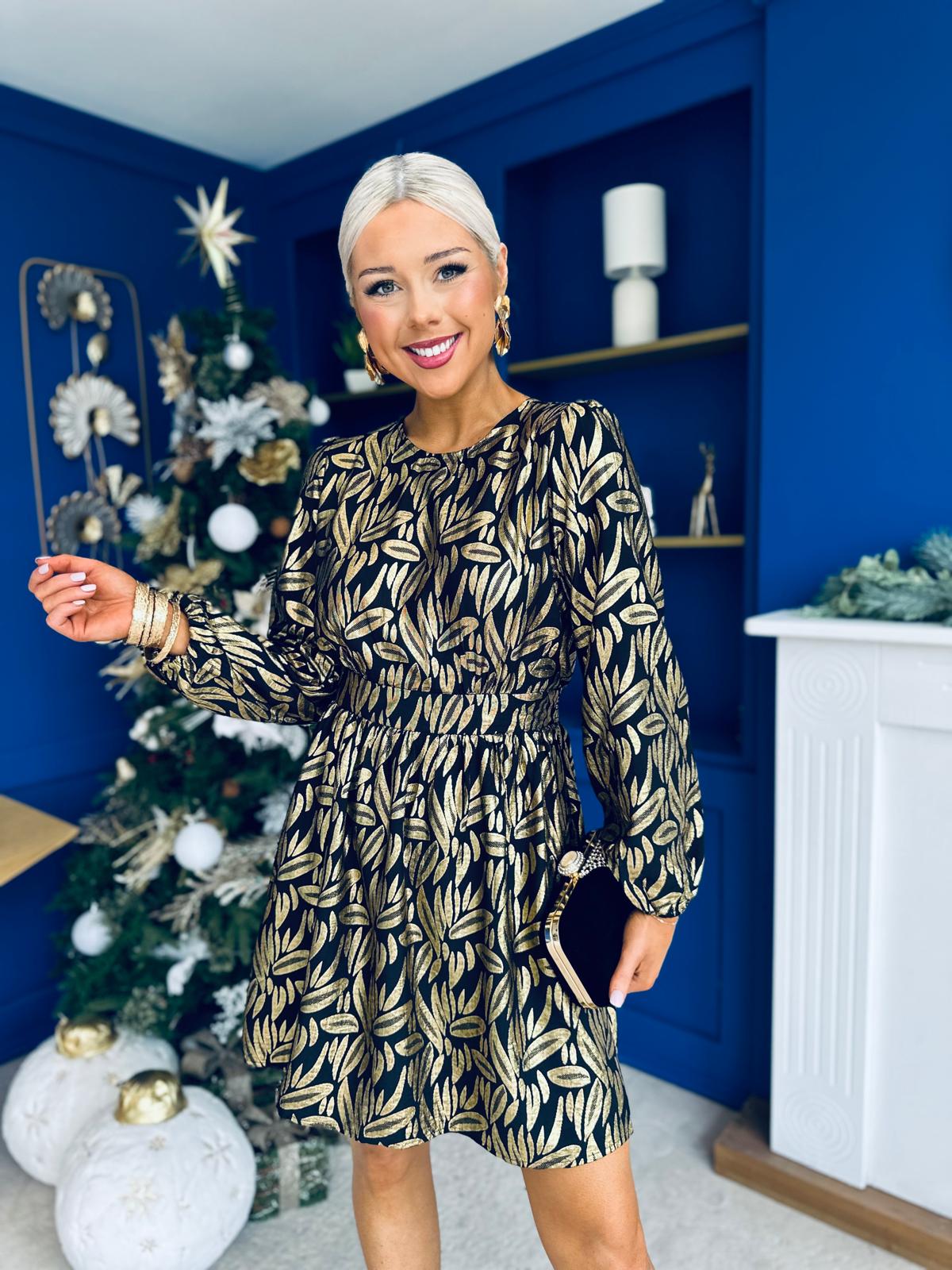 Sonya Detailed Mini Dress Black Gold Foil Canella Lane Sonya Detailed Mini Dress Black Gold Foil Canella Lane