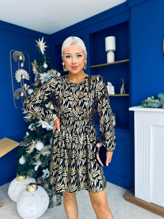 Sonya Detailed Mini Dress Black Gold Foil