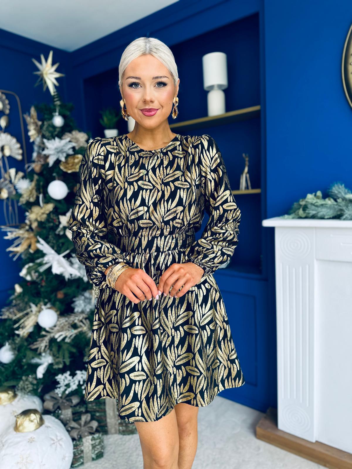 Sonya Detailed Mini Dress Black Gold Foil