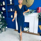 Freya Puff Sleeve Wrap Neck Ruched Midi Navy