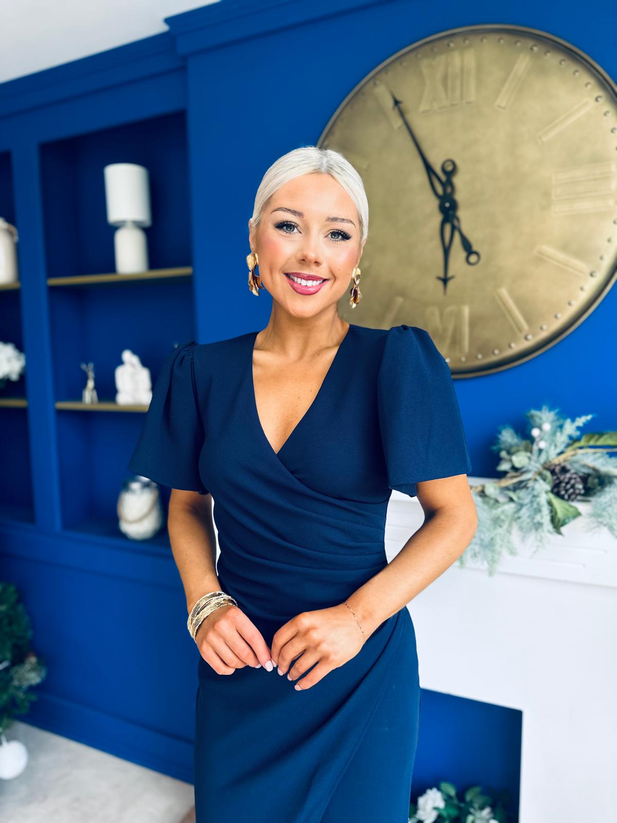 Freya Puff Sleeve Wrap Neck Ruched Midi Navy