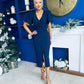 Freya Puff Sleeve Wrap Neck Ruched Midi Navy