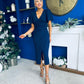 Freya Puff Sleeve Wrap Neck Ruched Midi Navy