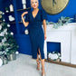 Freya Puff Sleeve Wrap Neck Ruched Midi Navy