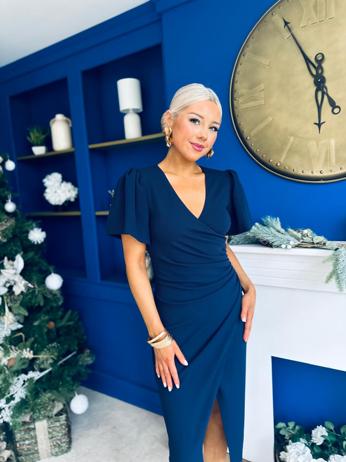 Freya Puff Sleeve Wrap Neck Ruched Midi Navy