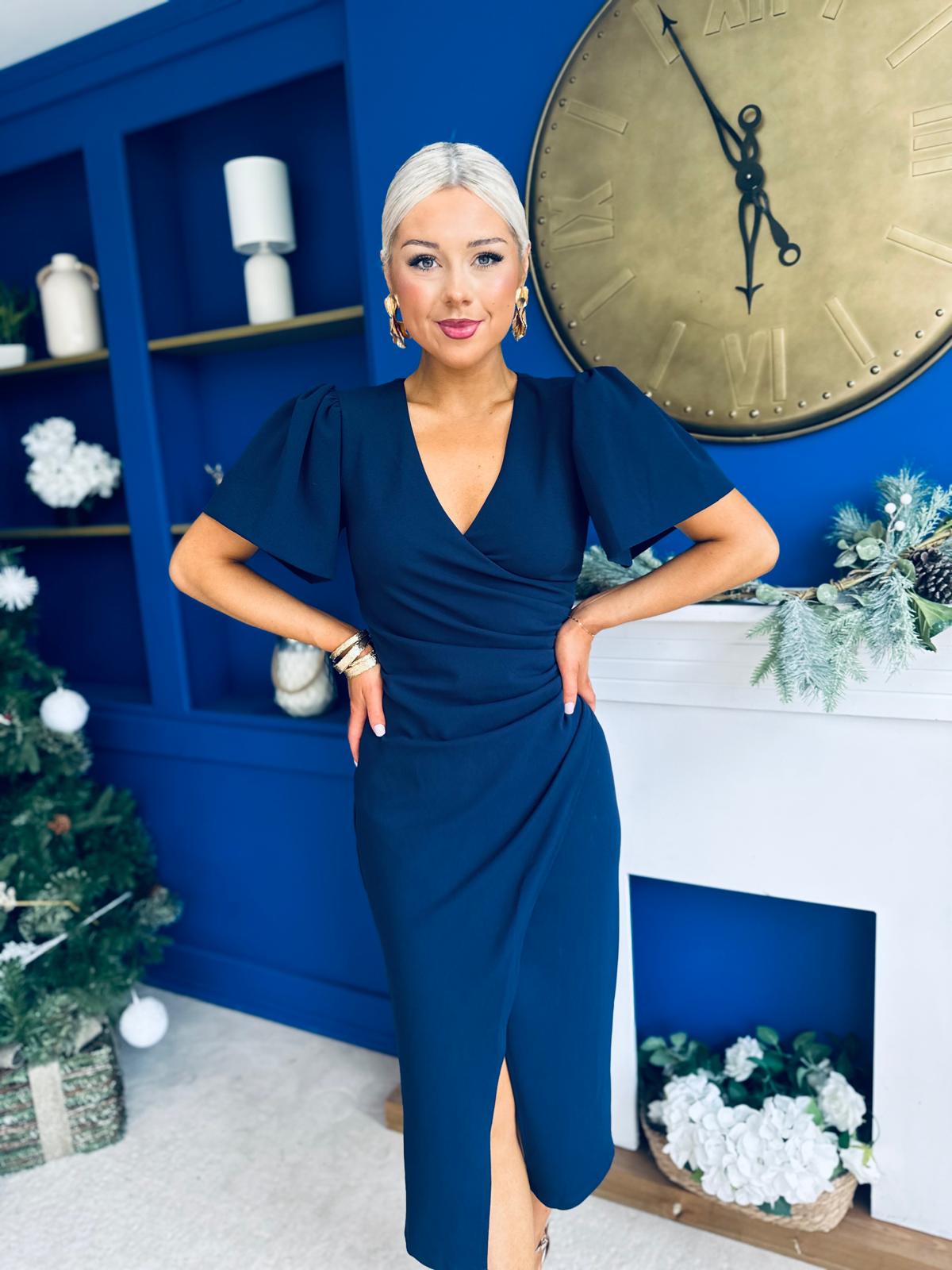 Freya Puff Sleeve Wrap Neck Ruched Midi Navy