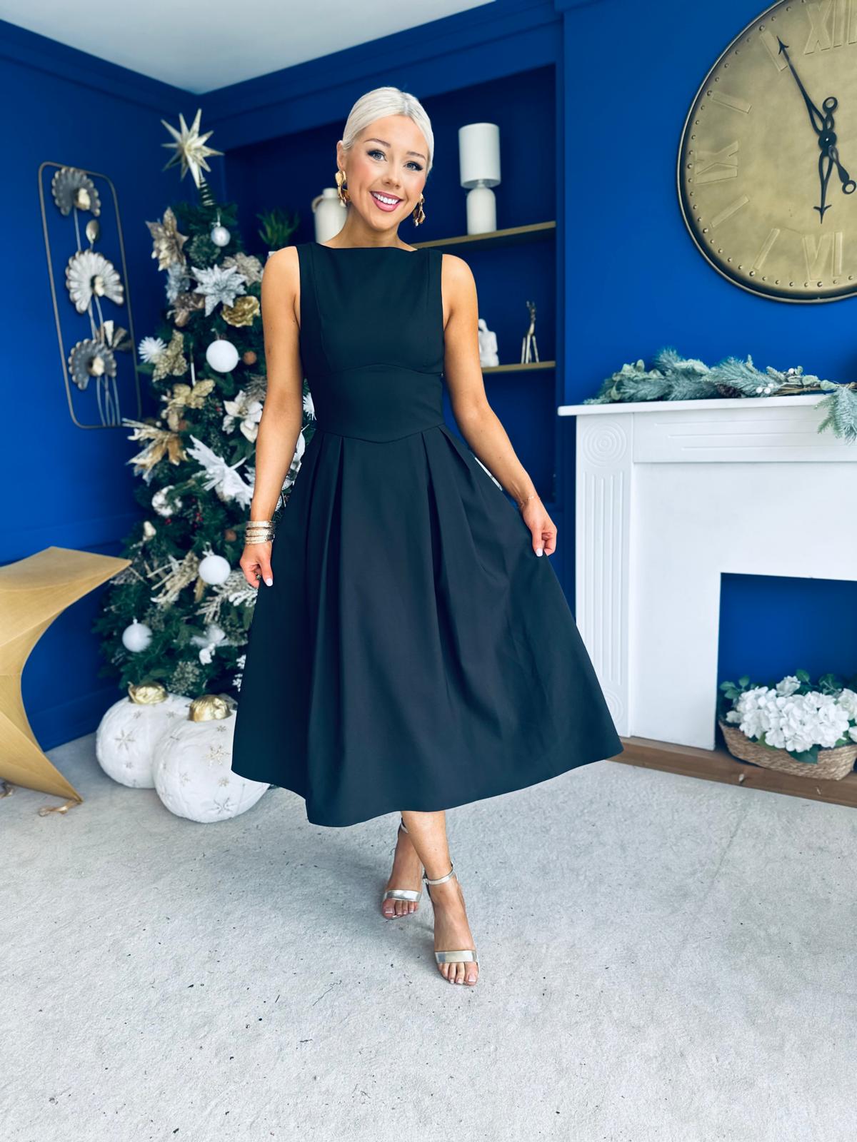 Nesta Boat Neck Skater Midi Dress Black