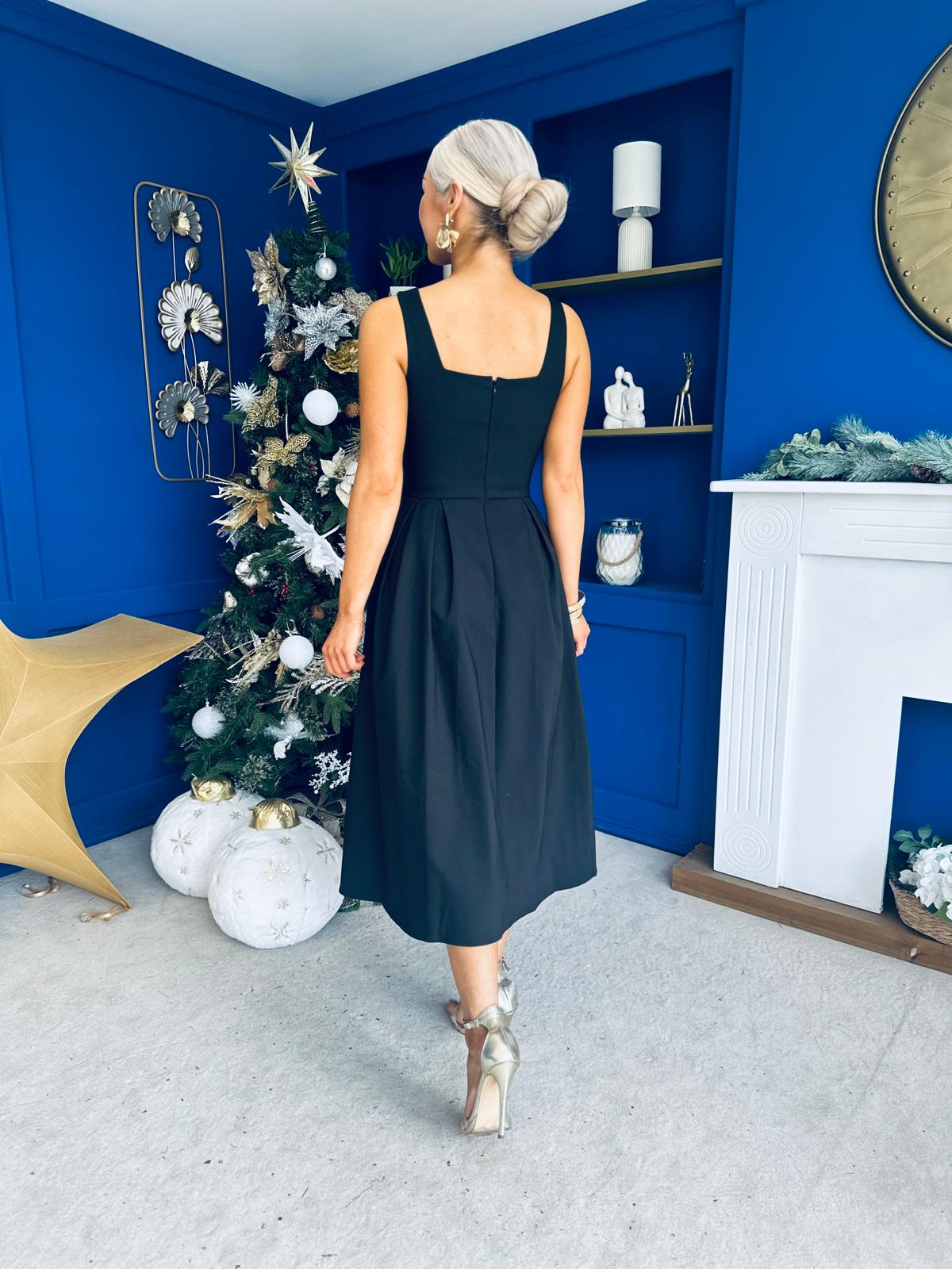 Nesta Boat Neck Skater Midi Dress Black