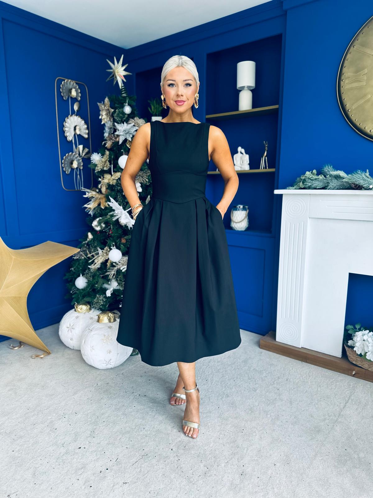 Nesta Boat Neck Skater Midi Dress Black