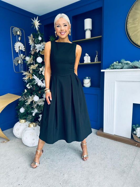 Nesta Boat Neck Skater Midi Dress Black