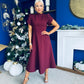 Katisha Tulip Sleeve High Neck Midi Dress Burgundy