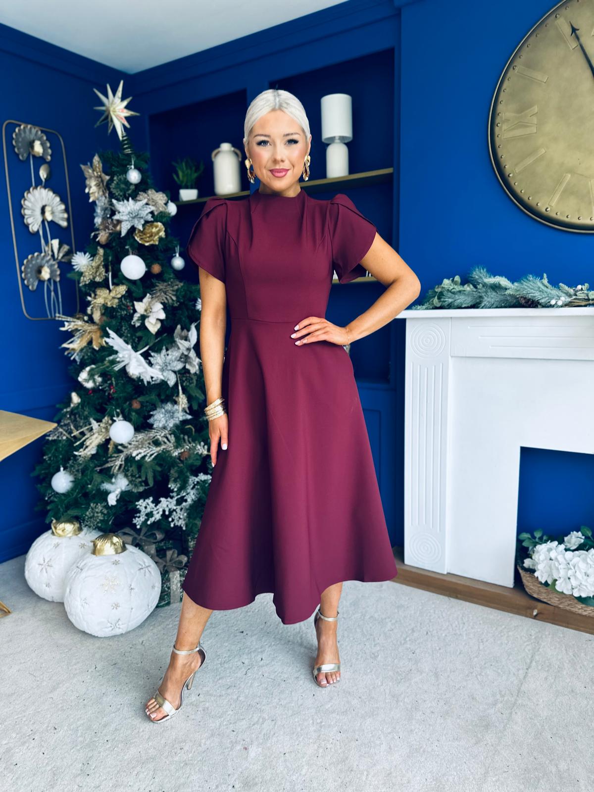 Katisha Tulip Sleeve High Neck Midi Dress Burgundy