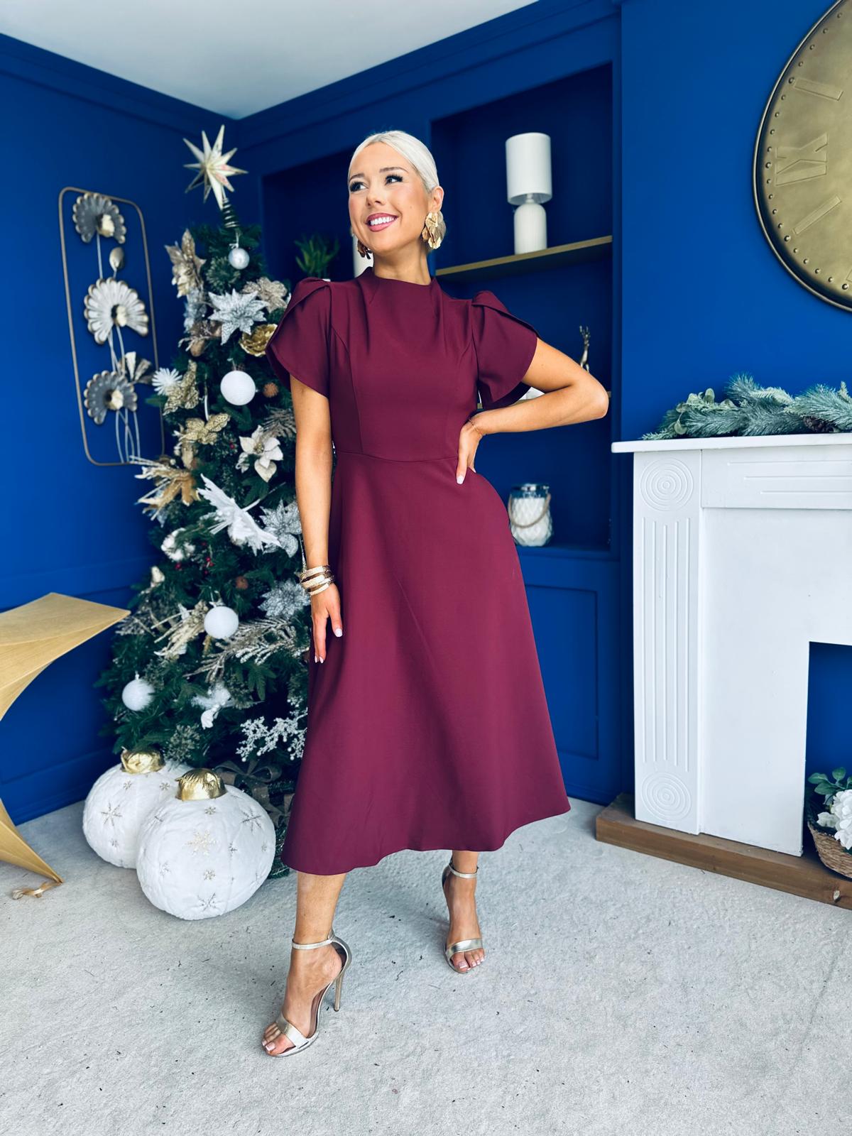 Katisha Tulip Sleeve High Neck Midi Dress Burgundy