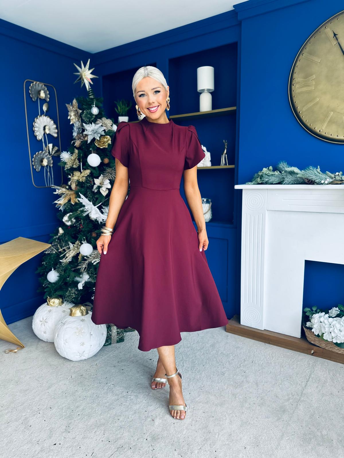 Katisha Tulip Sleeve High Neck Midi Dress Burgundy