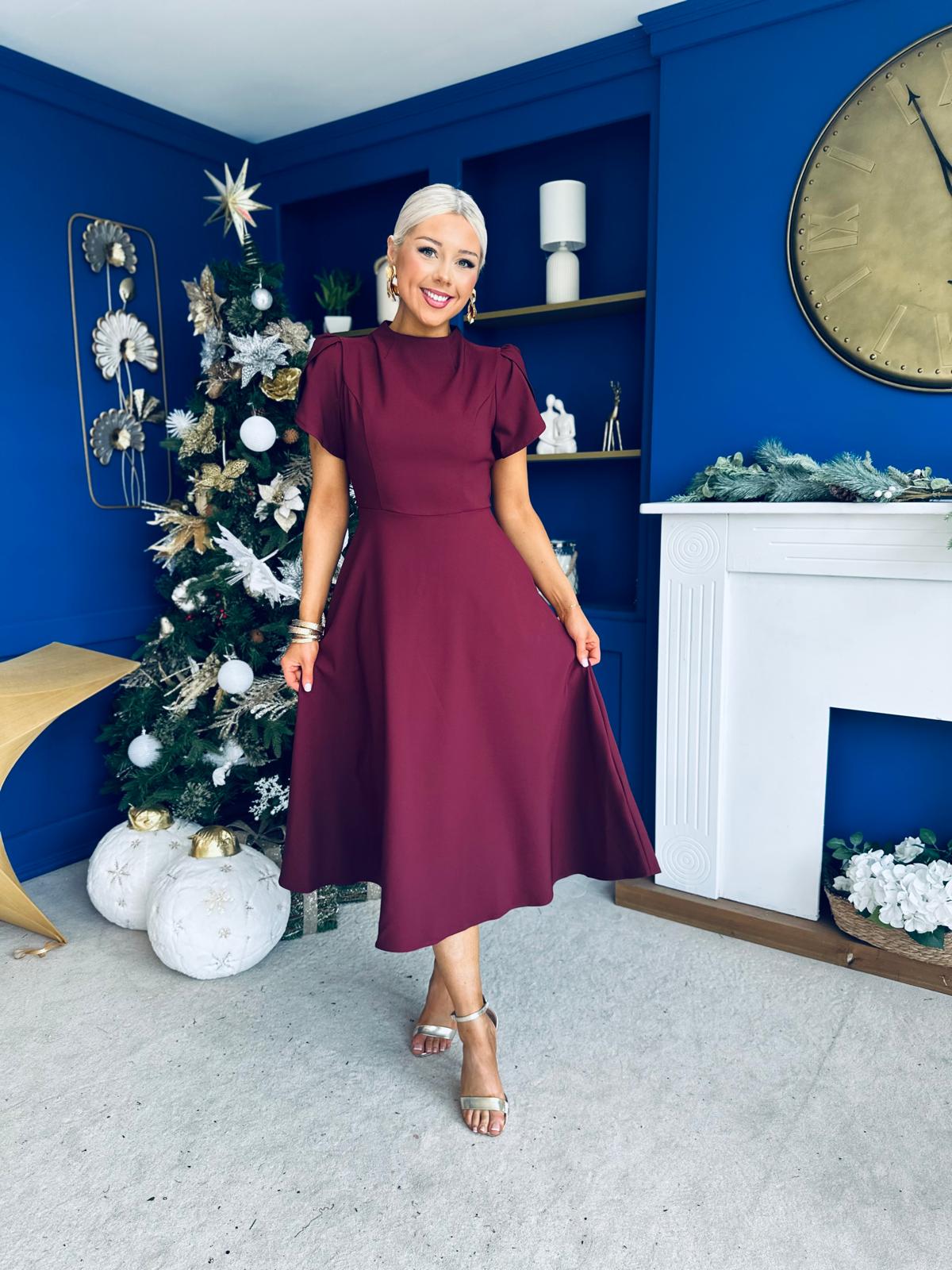 Katisha Tulip Sleeve High Neck Midi Dress Burgundy