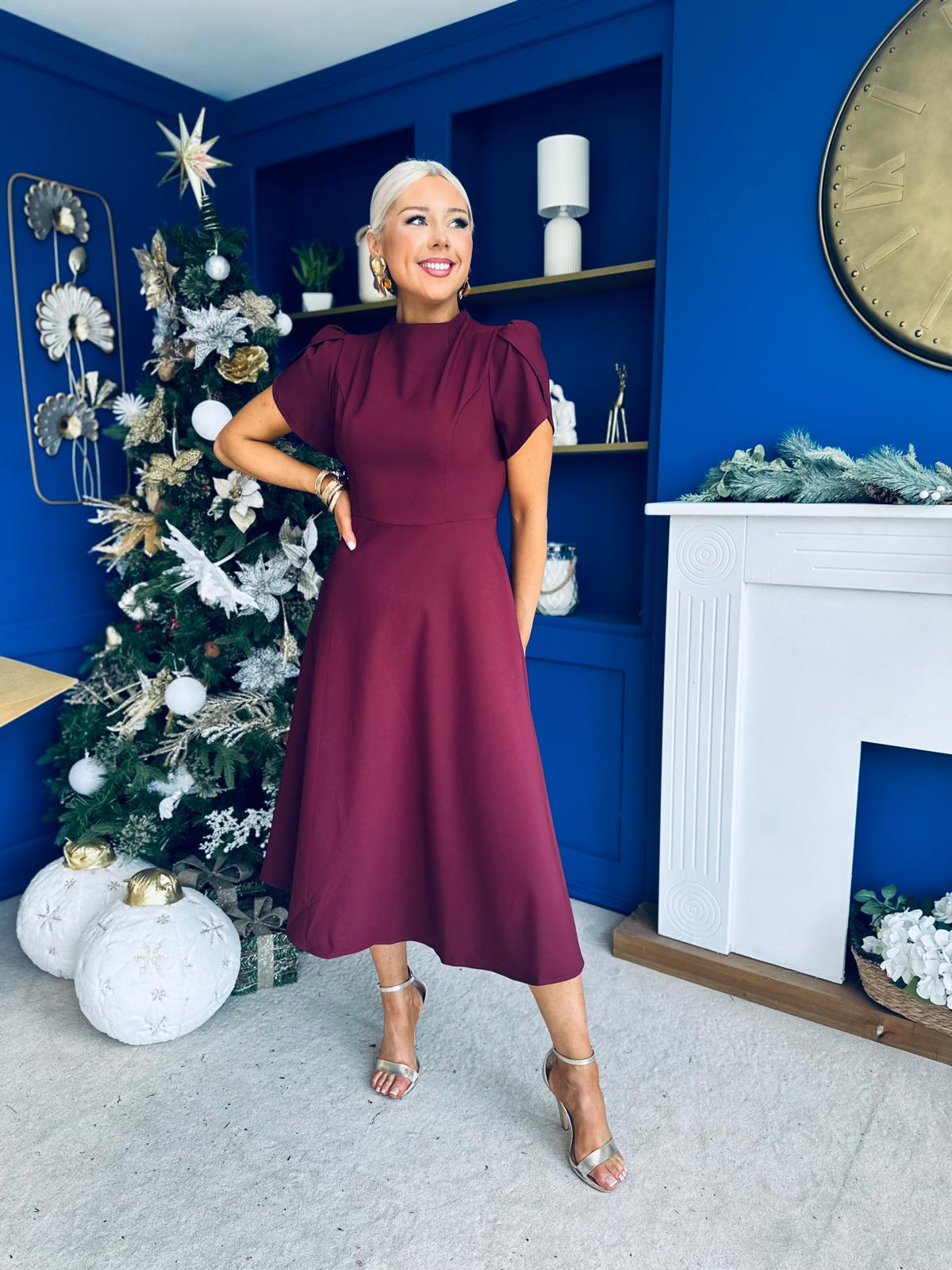 Katisha Tulip Sleeve High Neck Midi Dress Burgundy