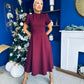 Katisha Tulip Sleeve High Neck Midi Dress Burgundy