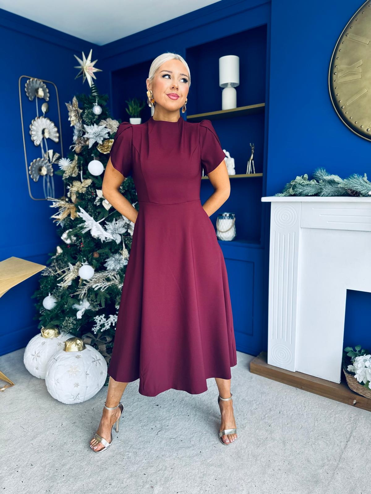 Katisha Tulip Sleeve High Neck Midi Dress Burgundy