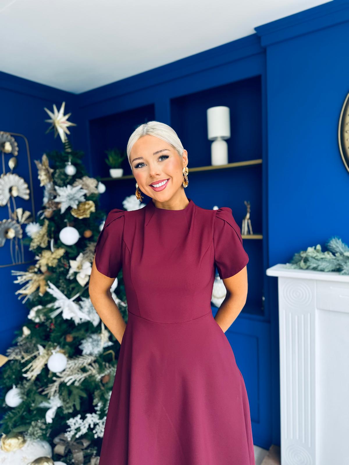 Katisha Tulip Sleeve High Neck Midi Dress Burgundy