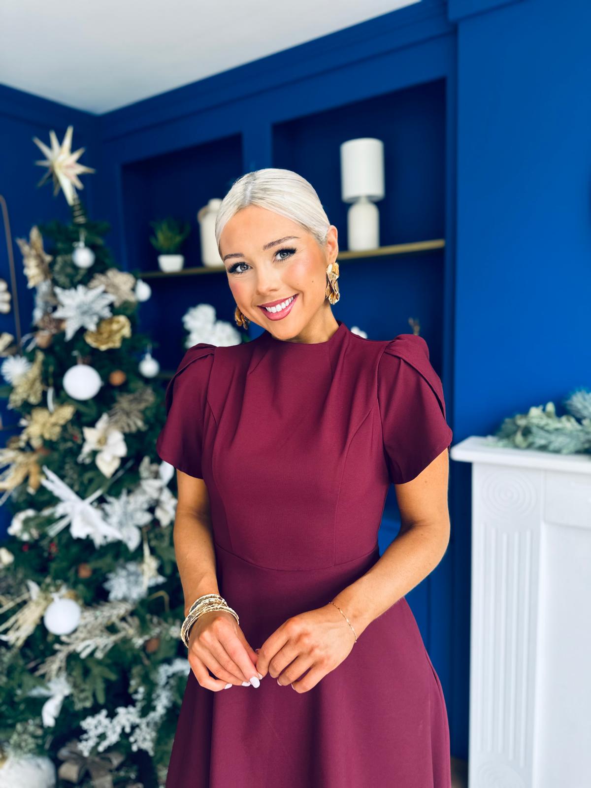 Katisha Tulip Sleeve High Neck Midi Dress Burgundy