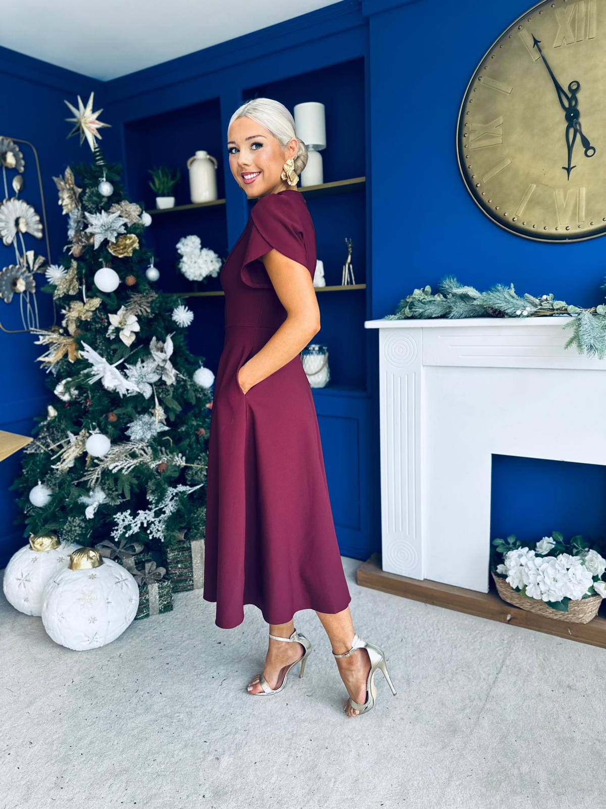 Katisha Tulip Sleeve High Neck Midi Dress Burgundy