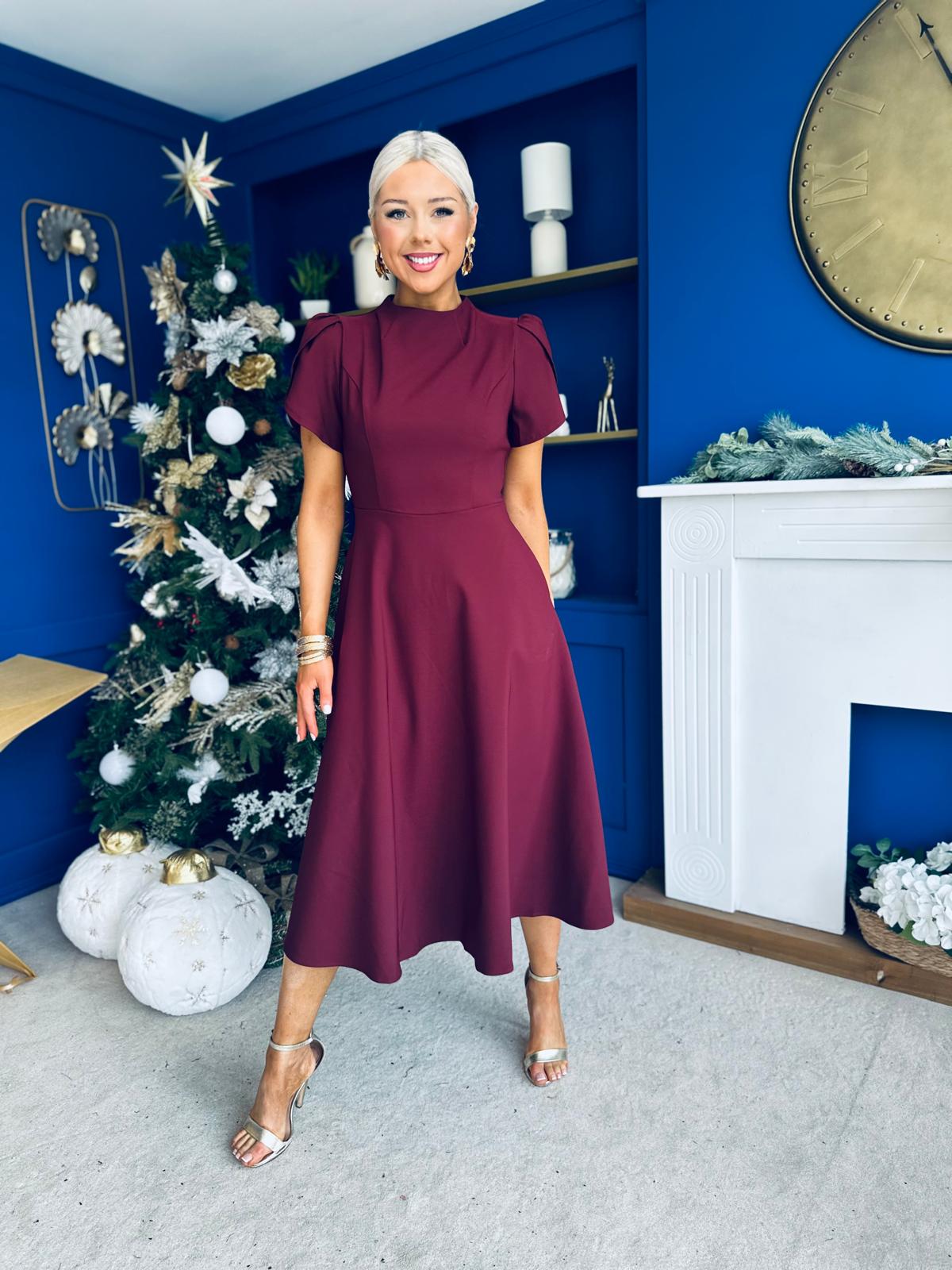 Katisha Tulip Sleeve High Neck Midi Dress Burgundy