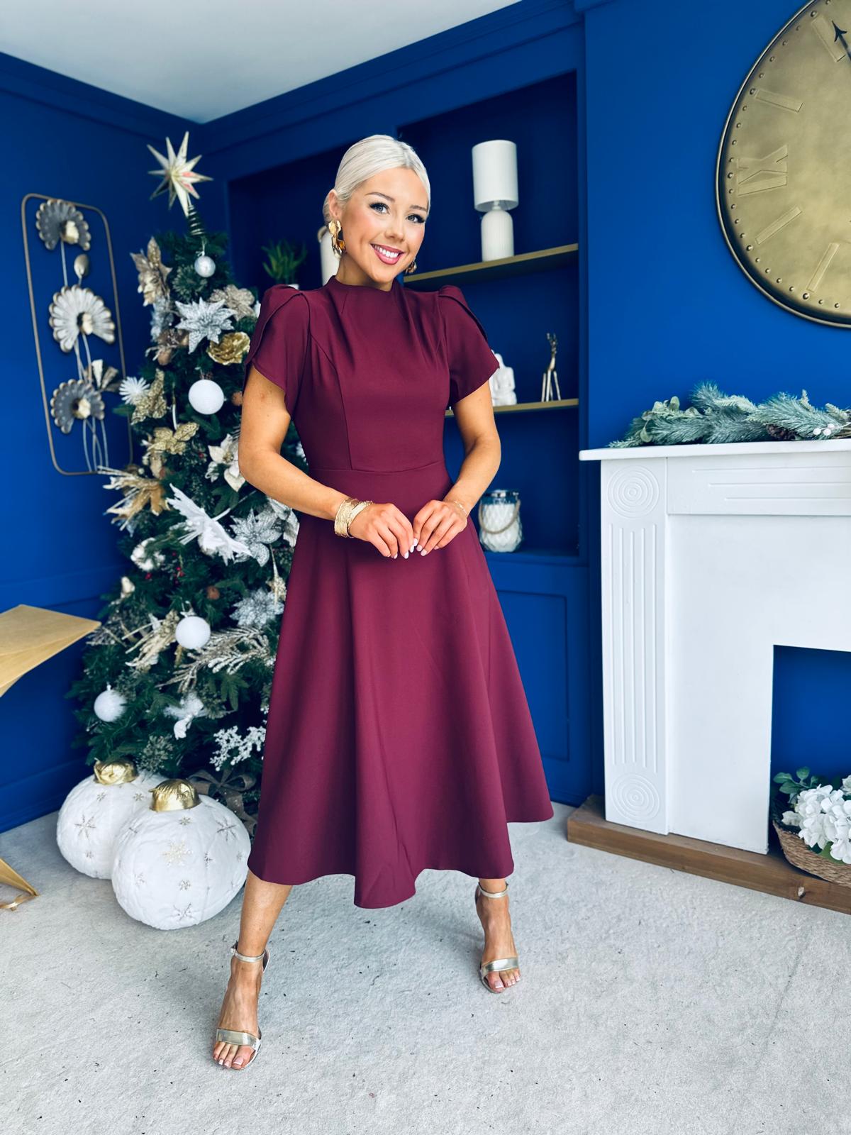 Katisha Tulip Sleeve High Neck Midi Dress Burgundy