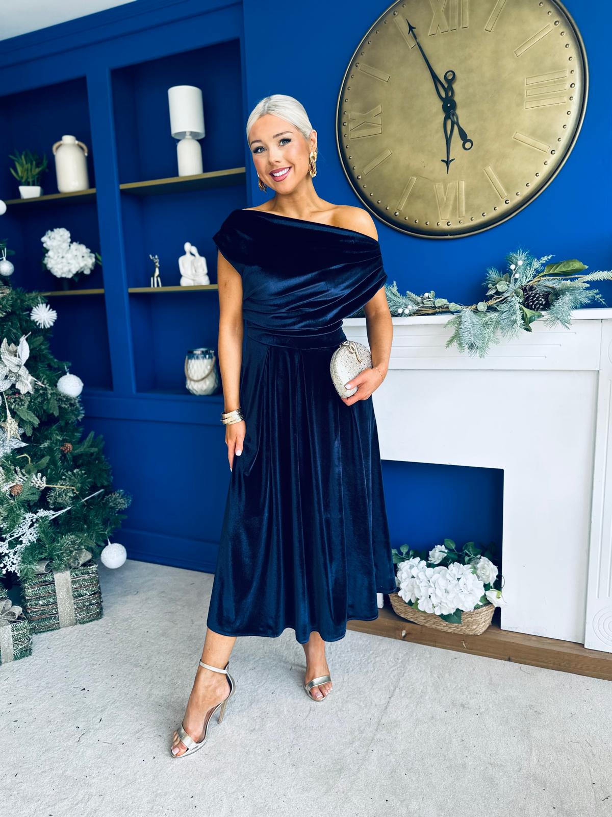 Breffy Asymmetric Neckline Skater Midi Navy Velvet