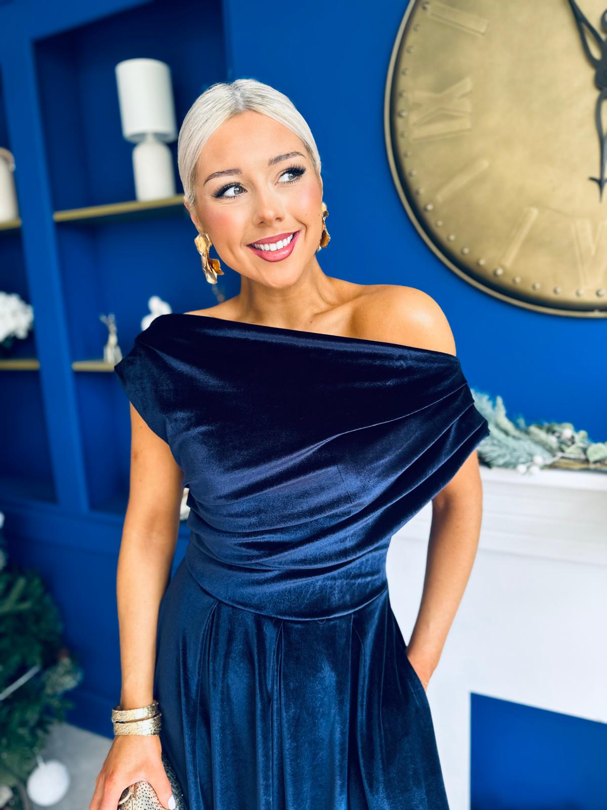 Breffy Asymmetric Neckline Skater Midi Navy Velvet