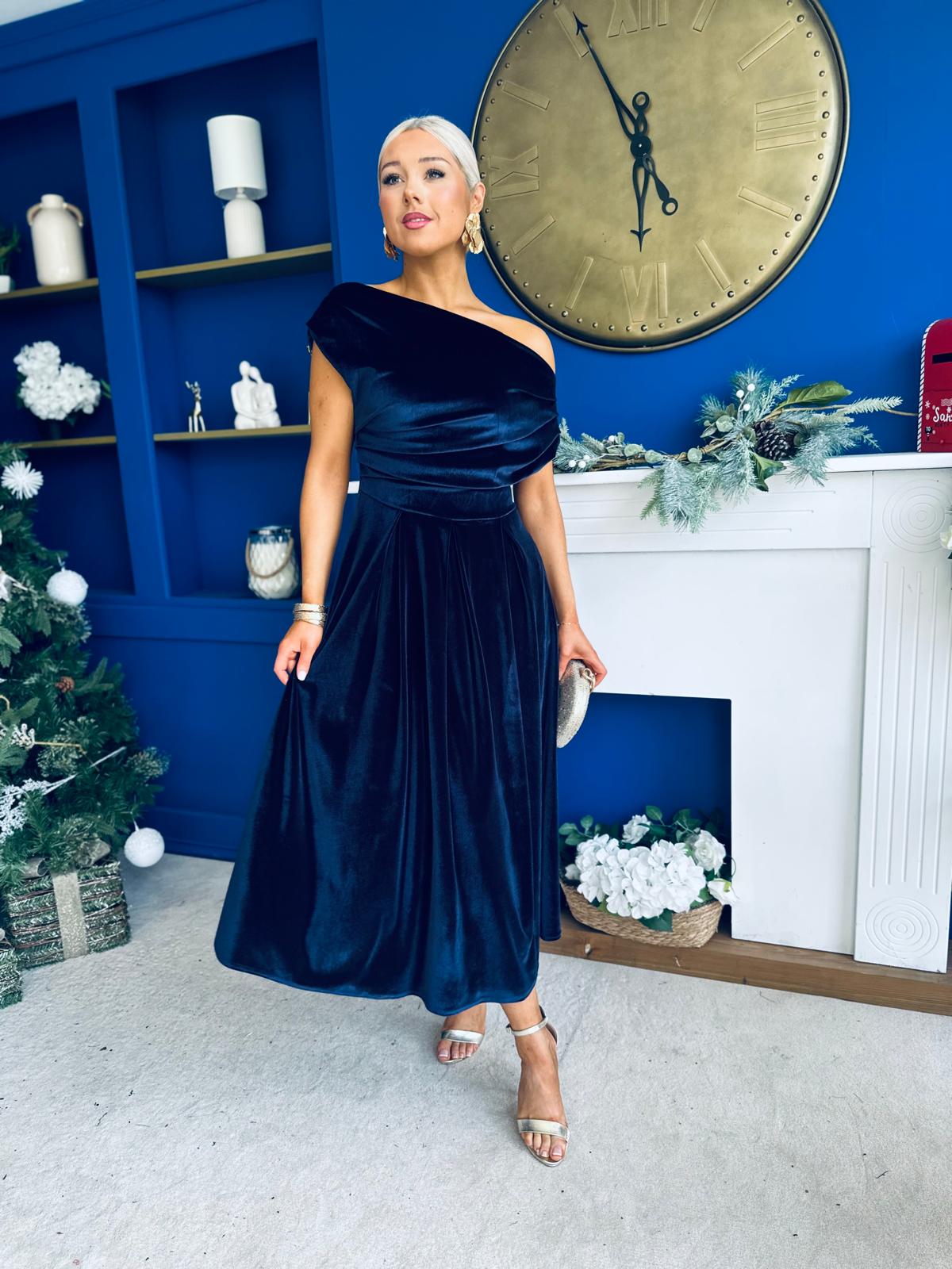 Breffy Asymmetric Neckline Skater Midi Navy Velvet