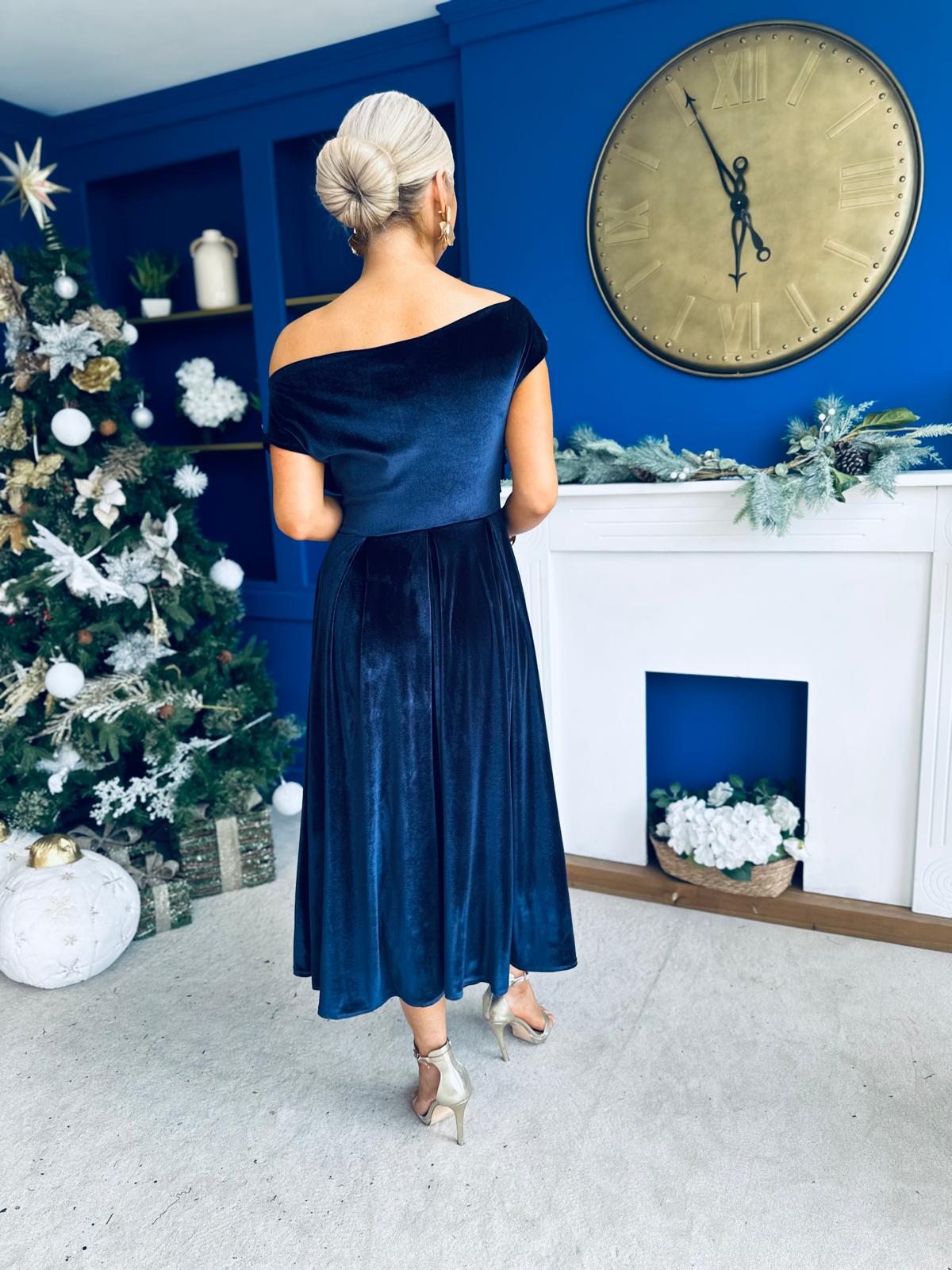 Breffy Asymmetric Neckline Skater Midi Navy Velvet