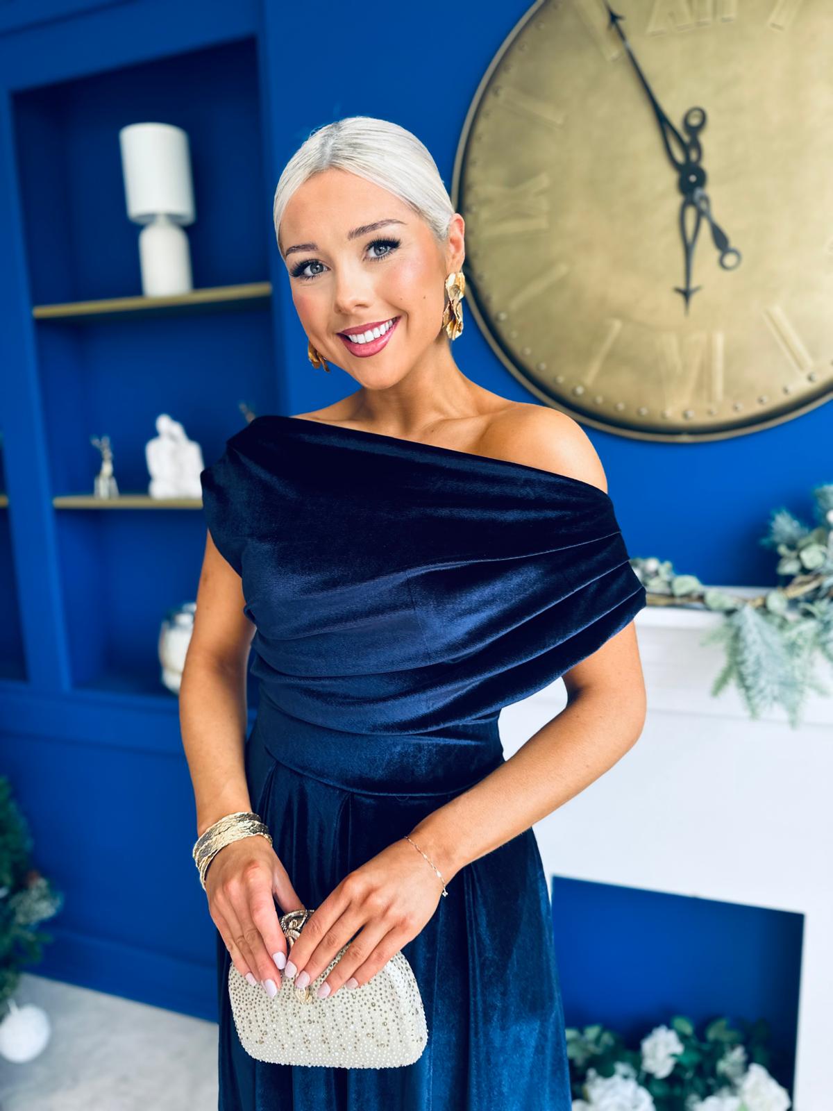 Breffy Asymmetric Neckline Skater Midi Navy Velvet