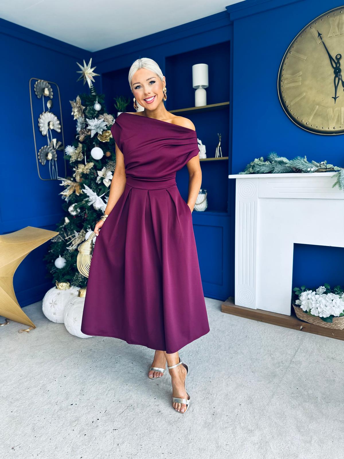 Breffy Asymmetric Neckline Skater Midi Berry