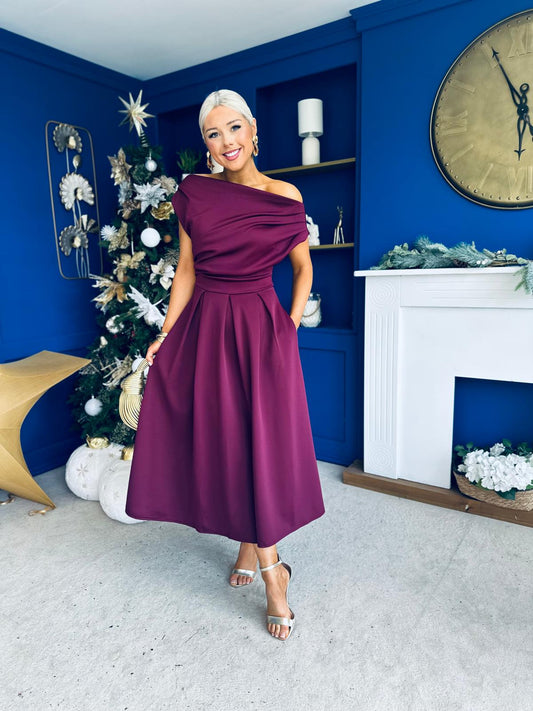 Breffy Asymmetric Neckline Skater Midi Berry