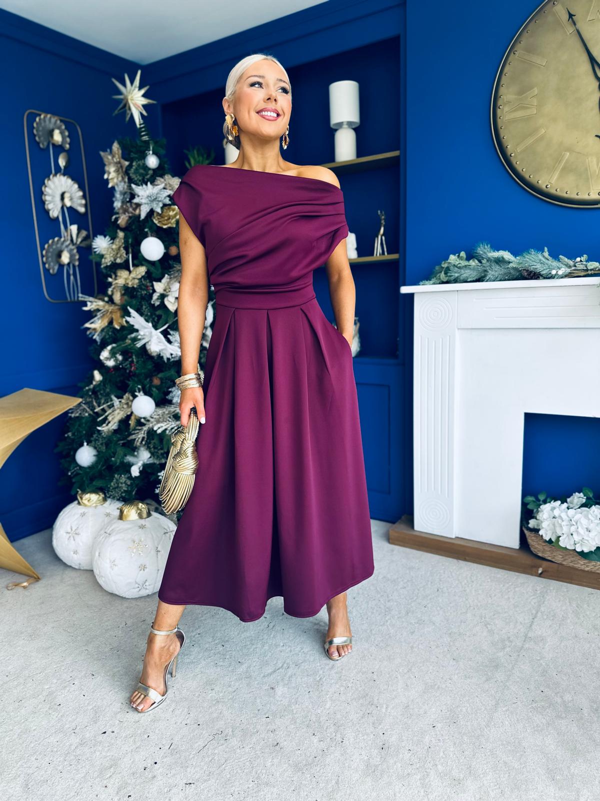 Breffy Asymmetric Neckline Skater Midi Berry