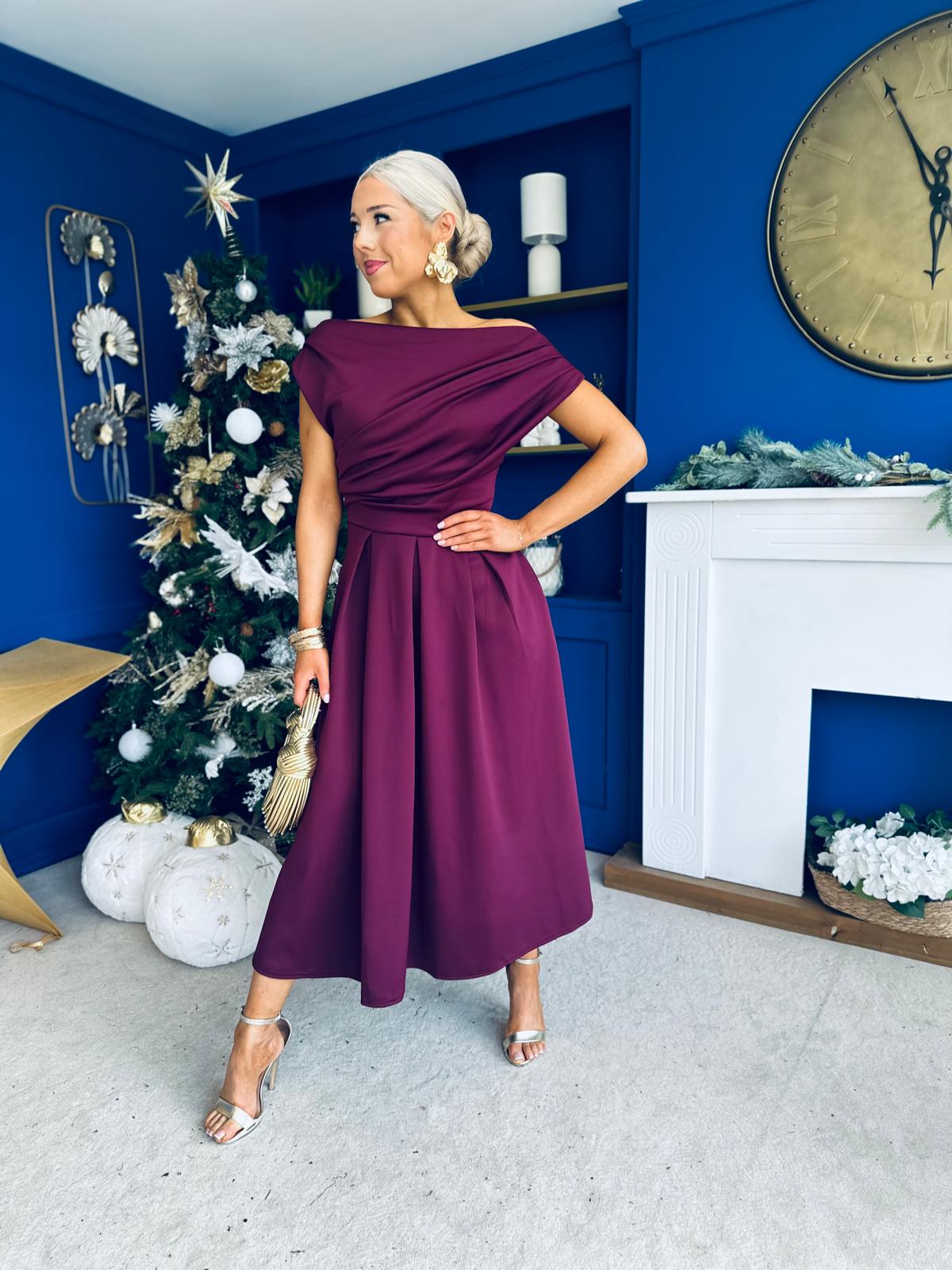 Breffy Asymmetric Neckline Skater Midi Berry