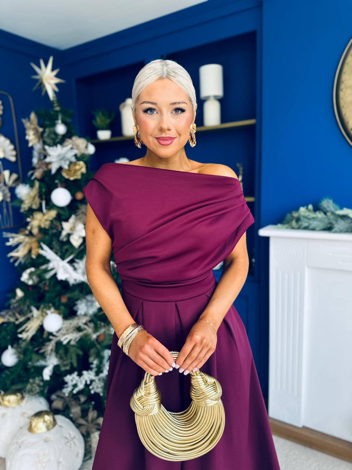 Breffy Asymmetric Neckline Skater Midi Berry