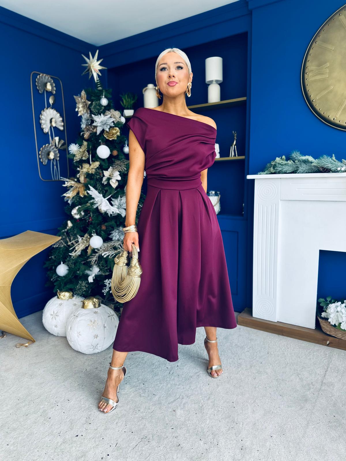 Breffy Asymmetric Neckline Skater Midi Berry