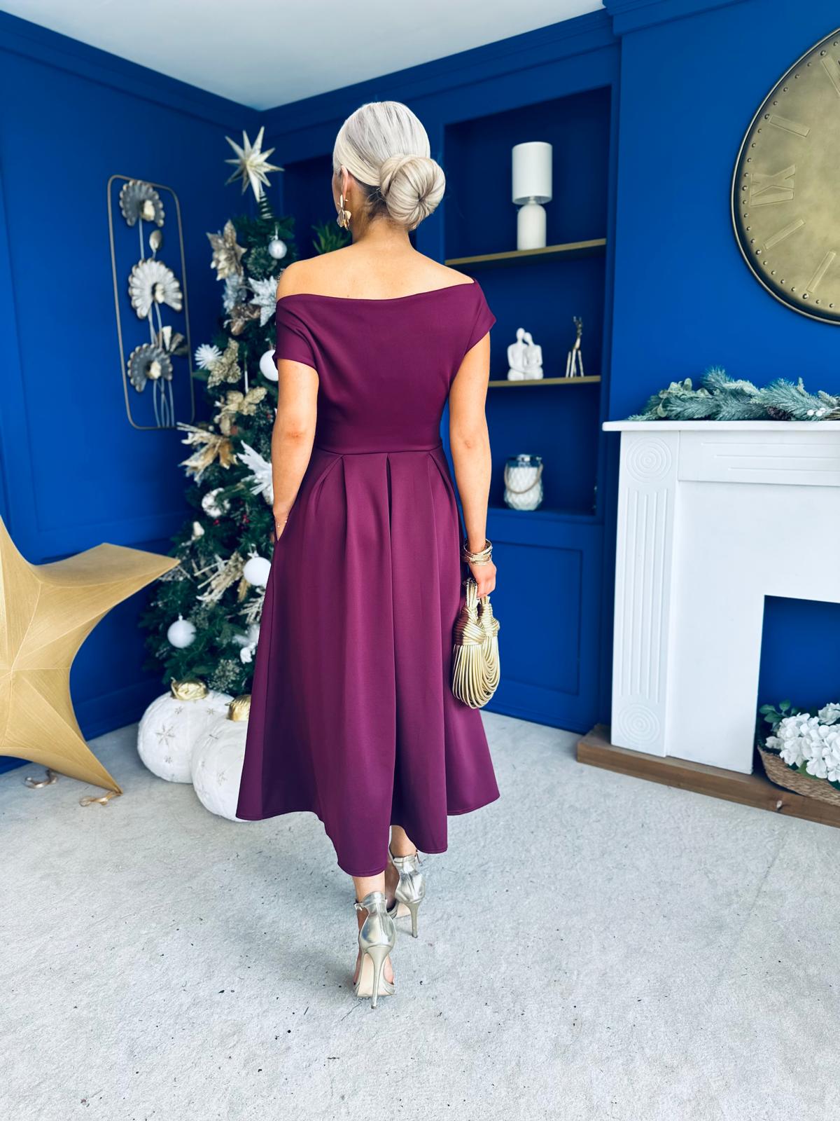 Breffy Asymmetric Neckline Skater Midi Berry