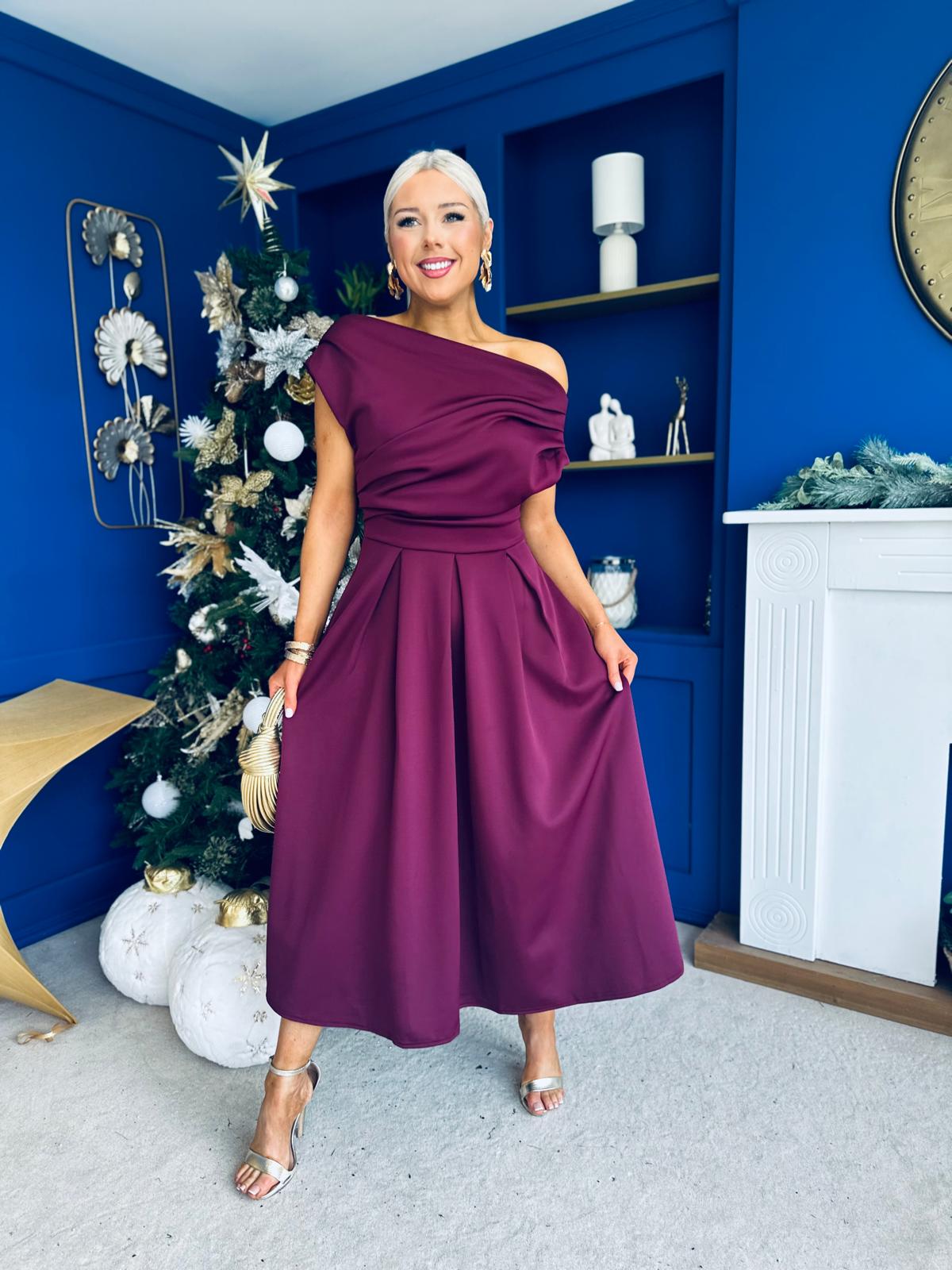 Breffy Asymmetric Neckline Skater Midi Berry