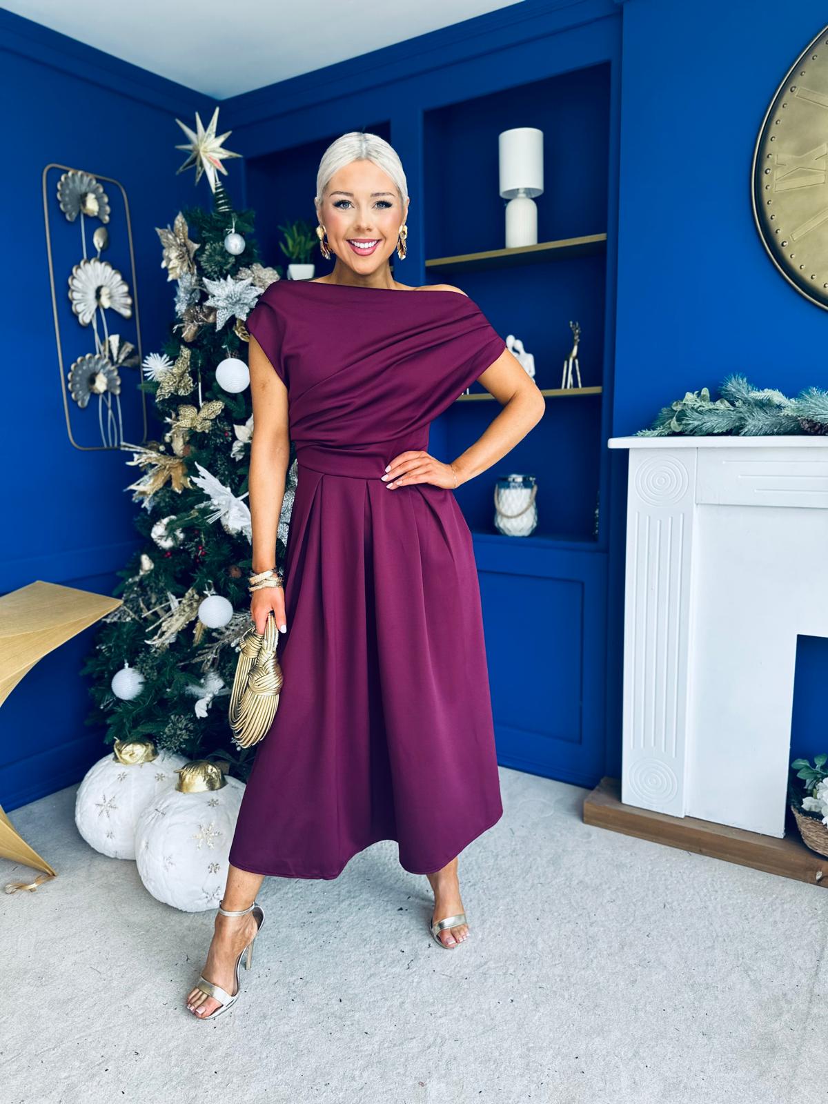 Breffy Asymmetric Neckline Skater Midi Berry