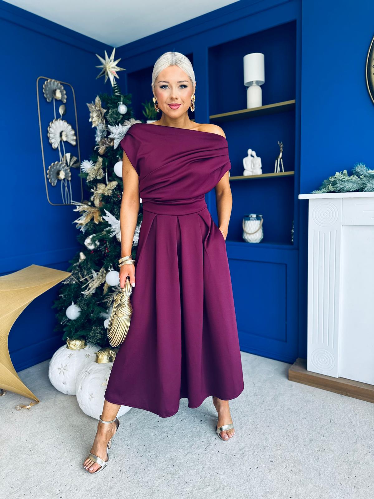 Breffy Asymmetric Neckline Skater Midi Berry