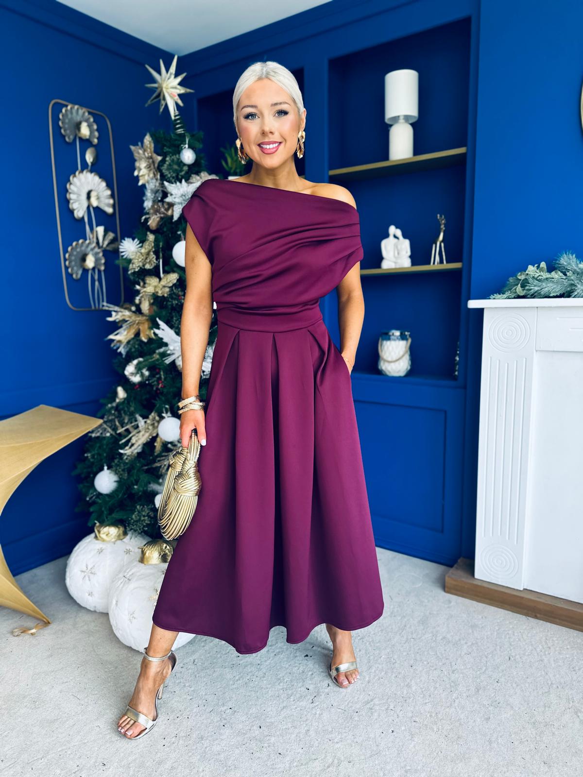 Breffy Asymmetric Neckline Skater Midi Berry