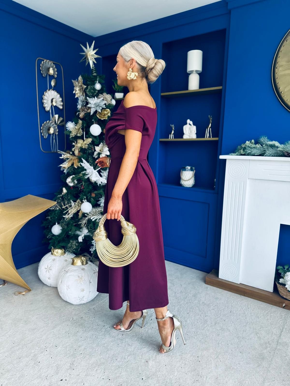 Breffy Asymmetric Neckline Skater Midi Berry